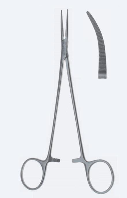 Зажими гемостатичні, Halstead-Mosquito, делікатні, вигнуті, зубчаті щелепи, з кремальєрою, довжина 185 мм. Бренд - Asanus Medizintechnik Gmb, Німеччина